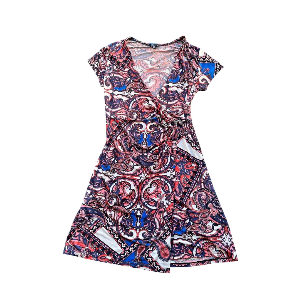 George Womens Red Blue Paisley Faux Wrap Dress Size M 8-10 Buckle Detail V-Neck